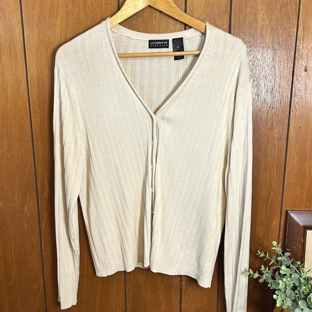 Liz Claiborne Classics XL Cardigan Sweater Top Beige 100%‎ Silk Long Sleeve